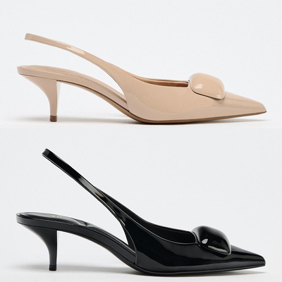 ZA漆皮尖头细高跟后空方扣穆勒鞋