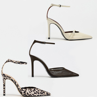 ZA尖头细高跟凉鞋女浅口一字带扣中空夏季女士高跟鞋豹纹时装凉鞋
