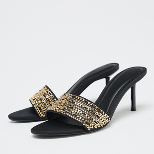 ZA金属链条装饰一字拖夏露趾细跟高跟凉拖时尚性感夏季凉拖鞋女士