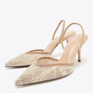 ZA尖头细高跟凉鞋女夏季后空穆勒鞋性感高跟鞋子低帮时装凉鞋女鞋