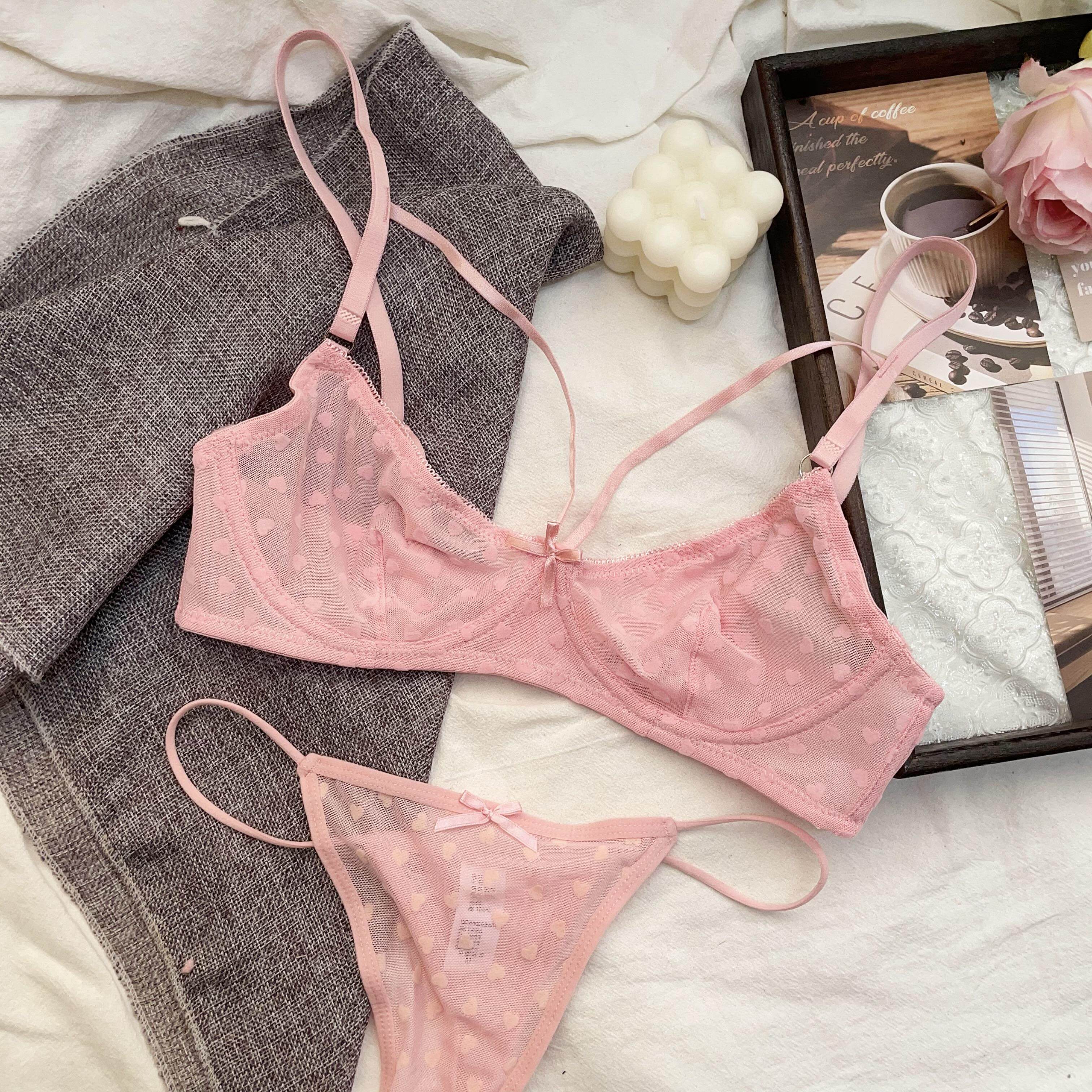 粉红性感植绒网纱文胸套装法式超薄舒适纯欲显小透明钢圈女士内衣