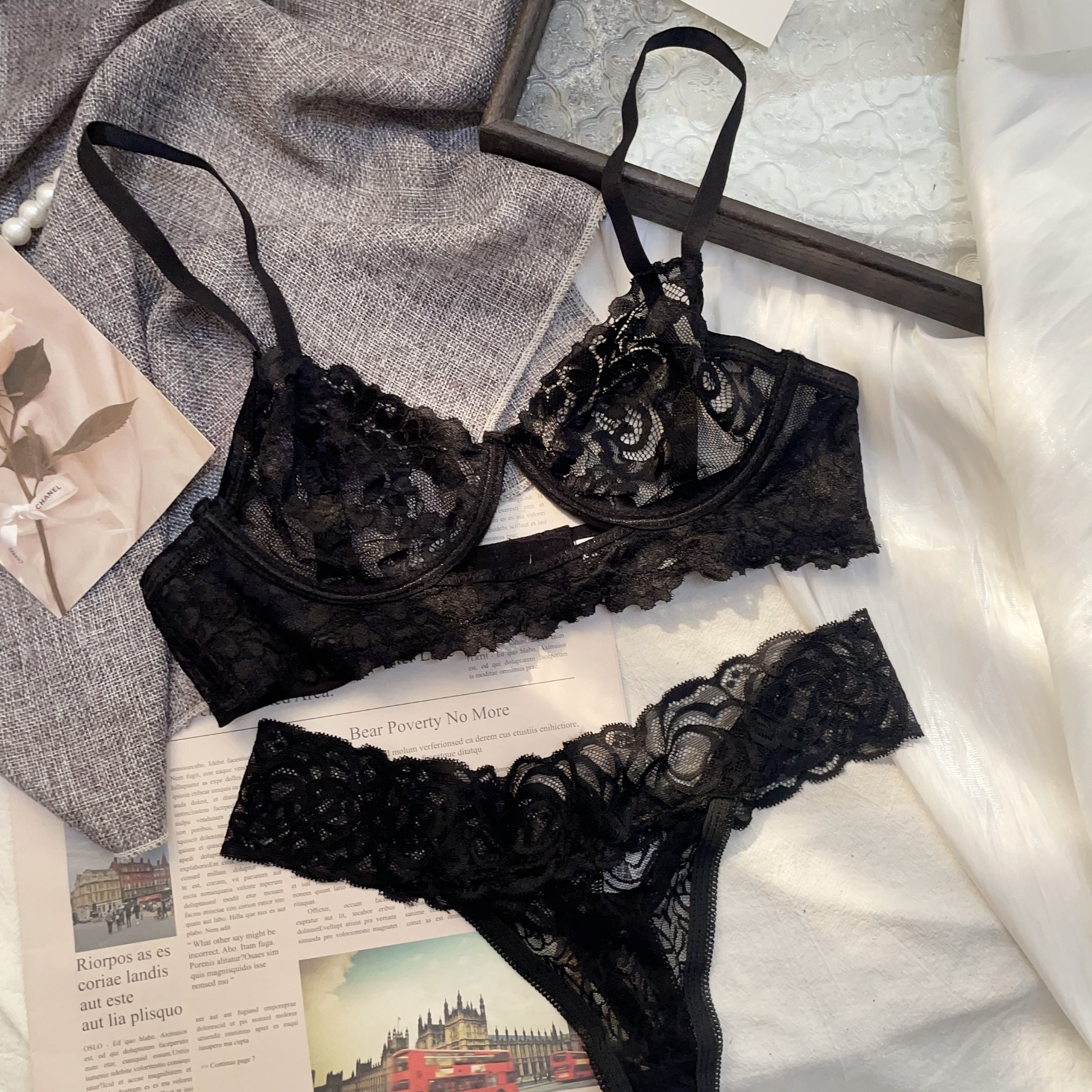 超薄纯欲法式女士蕾丝套装镂空钢圈内衣舒适透明网纱性感迷人,女士内衣/男士内衣/家居服,文胸,淘宝优惠券,粉丝福利购,淘宝优惠卷