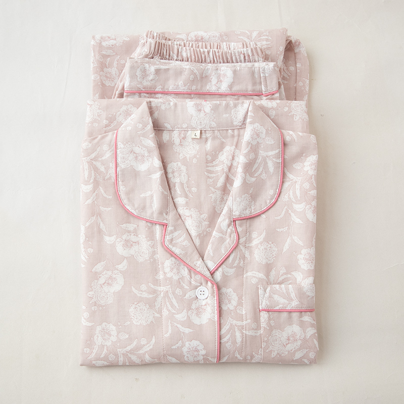 春秋夏日系纯棉双层纱布长袖女士睡衣长袖薄款全棉棉麻家居服套装