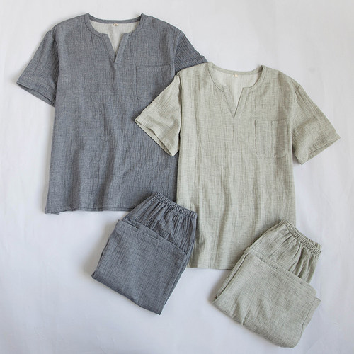 夏季家居服双层纱布邹布男士睡衣