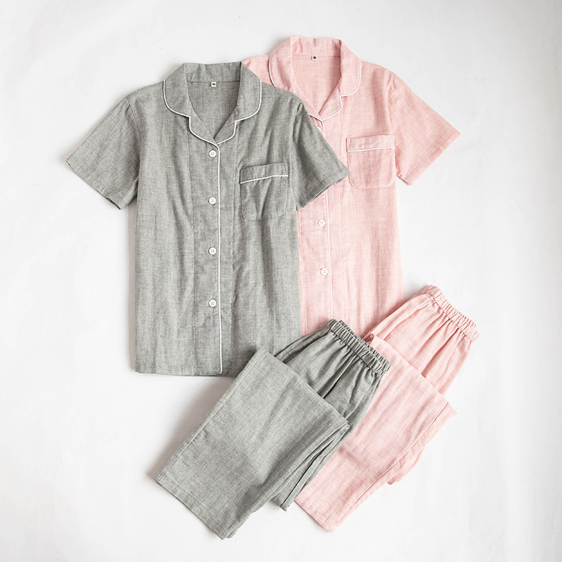 夏季短袖长裤全棉麻情侣男士睡衣女士夏天薄款纯棉纱布家居服套装