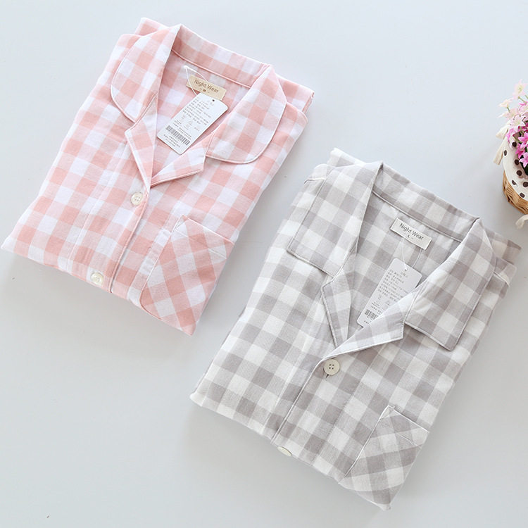 日系情侣睡衣长袖纯棉纱布春秋季薄款全棉女款男士夏季家居服套装