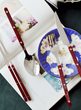 埃兰迪尔韩国cher原单304不锈钢西餐具高级感酒红色刀叉勺子筷子