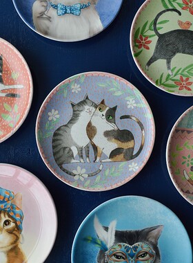 埃兰迪尔北欧复古风格釉下彩陶瓷餐具西餐盘顽皮猫早餐点心盘子