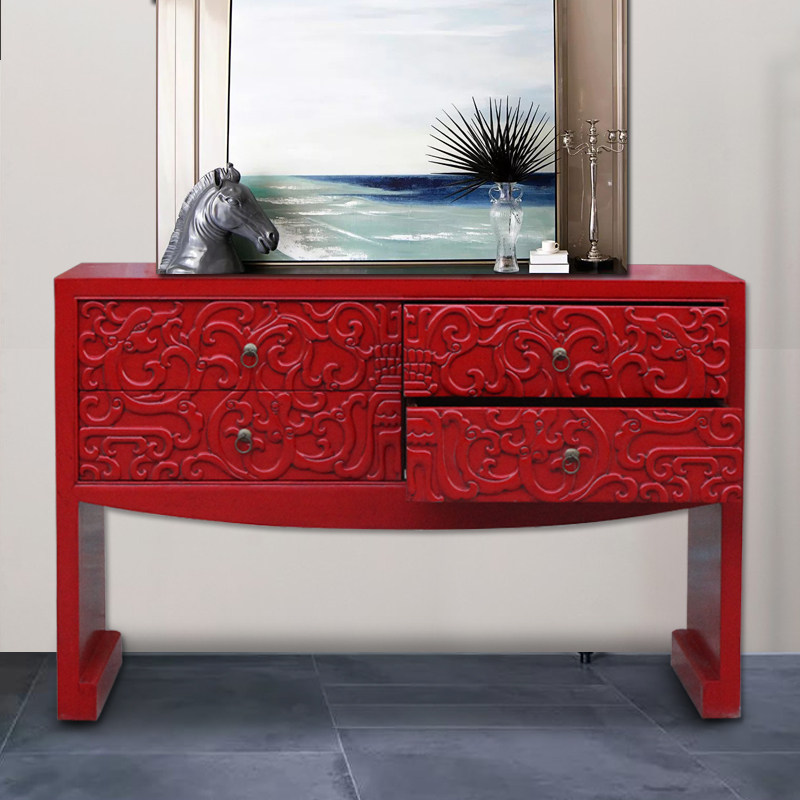 中国红2屉玄关柜门厅储物装饰柜子抽屉桌子条案古典雕花定制家具