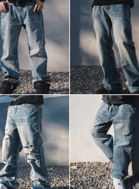 STA基础系列水洗猫须黑色蓝色休闲宽松直筒微喇阔腿微锥牛仔长裤