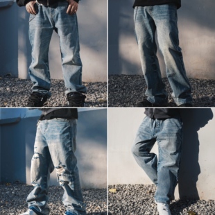 STA基础系列水洗猫须黑色蓝色休闲宽松直筒微喇阔腿微锥牛仔长裤