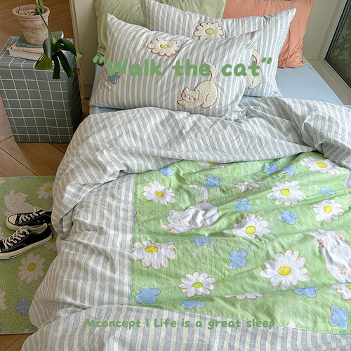 月光集【遛弯猫】小清新水洗棉纯棉四件套ins条纹卡通拼接猫床品