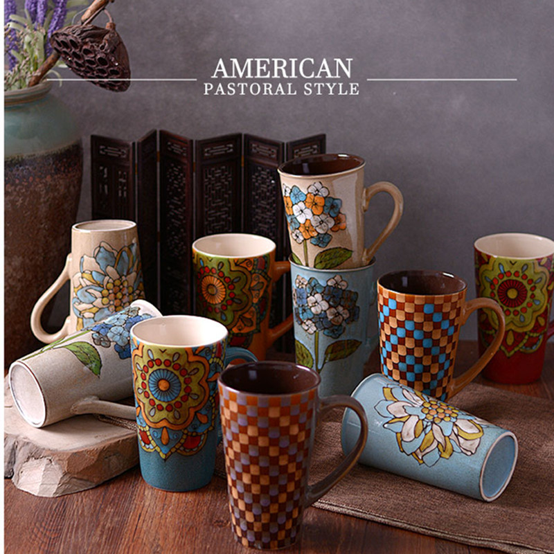创意复古个性欧美式田园手绘大容量陶瓷马克杯情侣文艺咖啡奶茶杯