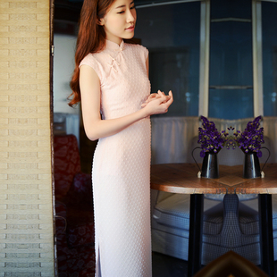 虹 复古日常雪纺旗袍 茉茉盖肩无袖 无省侧拉链长款