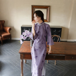 茉茉秋冬新 八分水袖全开襟花盘扣长款复古日常提花老旗袍 紫清川