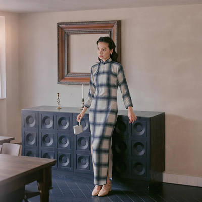 茉茉旗袍 九分连袖全开襟盘扣长款民国复古文艺日常老旗袍 青灰笺