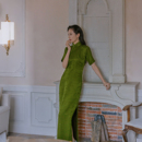 复古日常真丝花罗老旗袍 全开襟盘扣中长款 雪松 四分连袖 茉茉新品