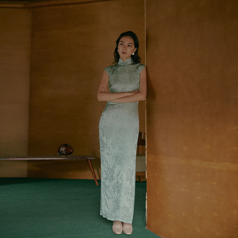 茉茉春夏季 小连袖无省全开襟长款复古怀旧日常真丝混纺旗袍 暮春