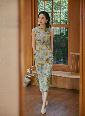 茉茉旗袍春新 低领无袖有省侧拉链中长款 复古日常丝麻港式 柠叶