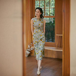 茉茉旗袍春新 低领无袖有省侧拉链中长款 复古日常丝麻港式 柠叶