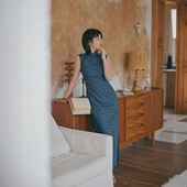 复古日常改良苎麻棉旗袍 有省半开襟长款 青玄 春夏无袖 茉茉旗袍