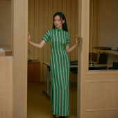 民国复古日常棉绸老旗袍 全开襟盘扣长款 绿光 三分连袖 茉茉春夏