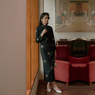 茉茉秋冬款 无袖有省侧拉链长复古日常港式旗袍上衣套装 黑金胶片