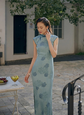 茉茉旗袍 春夏小连袖有省侧拉链长款 复古日常天丝旗袍裙 安蓝湖