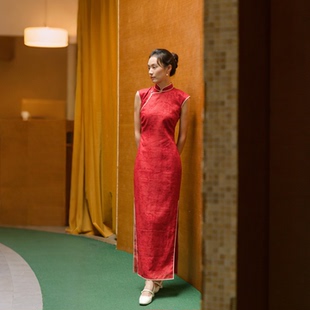 复古日常苎麻红旗袍 侧拉链包边长款 丹绮 小连袖 茉茉秋冬新品