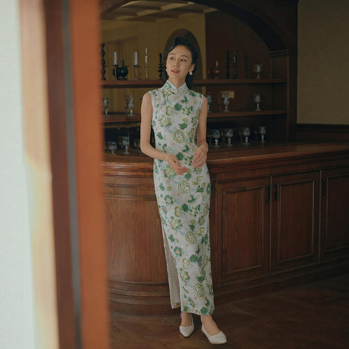 茉茉新品 完全无袖有省侧拉链长款复古日常珠片绣花礼服旗袍 妙珠