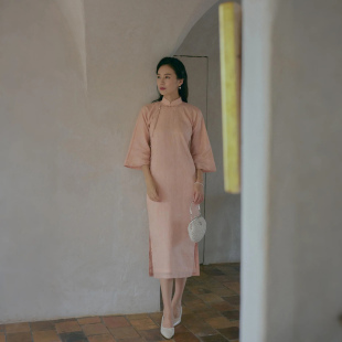 复古日常苎麻旗袍 无省半开襟花盘扣长款 淡月 春八分水袖 茉茉旗袍