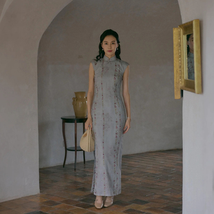 茉茉旗袍 春夏小连袖有省半开襟盘扣长款 复古日常丝麻旗袍 染花