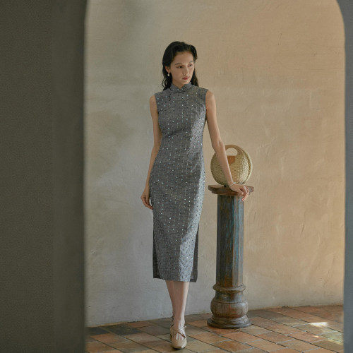 茉茉旗袍春新 港式无袖有省侧拉链中长款 复古日常亮片 港口的夜