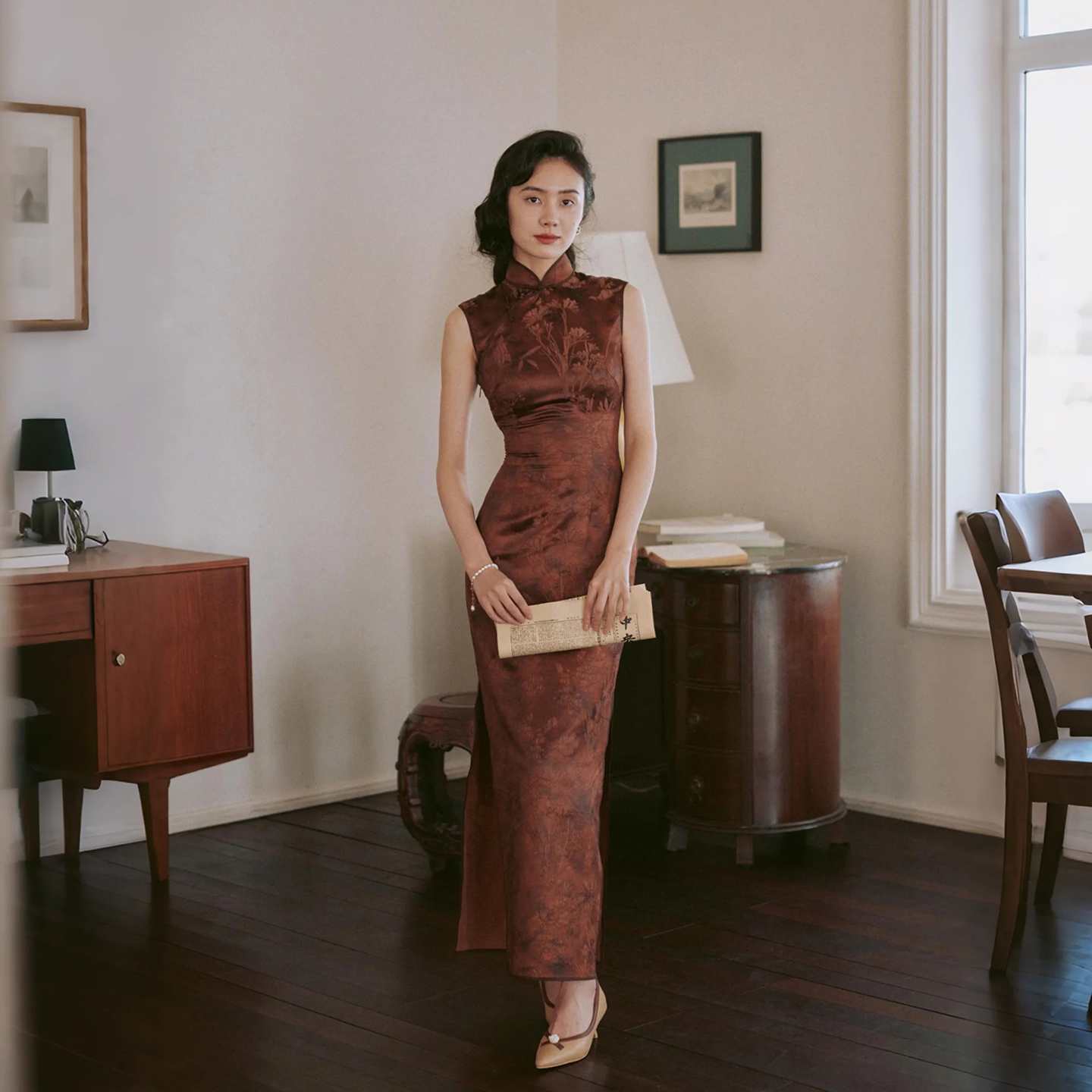 茉茉秋新品 无袖侧拉链有省盘扣包边长款 复古日常人丝旗袍 琥珀