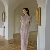 复古日常真丝花罗旗袍 全开襟盘扣中长款 樱时 四分连袖 茉茉旗袍