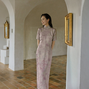 茉茉旗袍 四分连袖全开襟盘扣中长款 复古日常真丝花罗旗袍 樱时