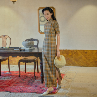 复古日常气质格子丝麻 全开襟盘扣长款 徽音 四分连袖 茉茉旗袍春新