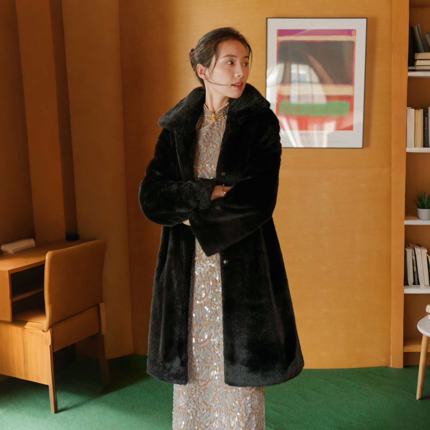 茉茉旗袍冬季新品 毛毛长款大衣外套 复古通勤旗袍外搭黑色 玉墨