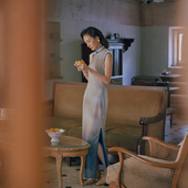 复古日常弹力网纱旗袍2件套 无省全开襟长款 白鸽 小连袖 茉茉春夏