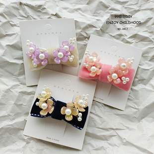 丝绒蝴蝶结珍珠汉服发夹日韩diy纯手工串珠粉色乳白色深蓝色原创