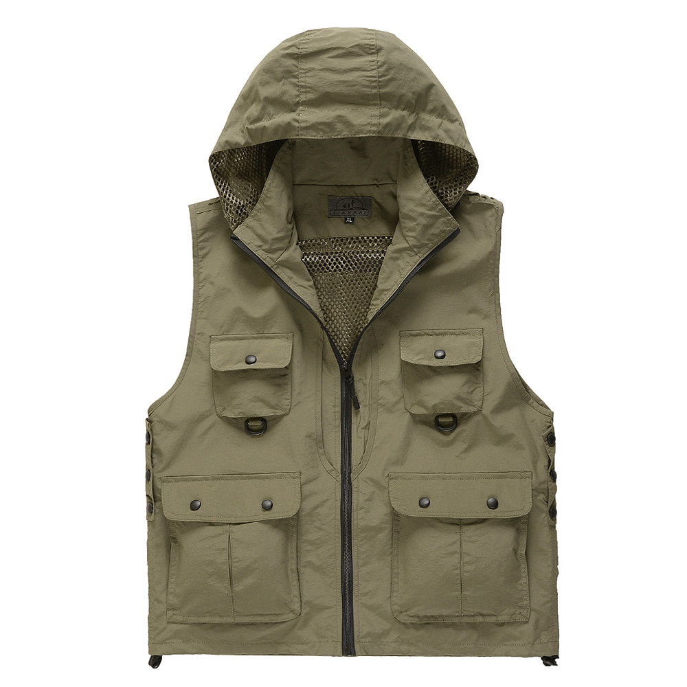 春秋户外摄影马甲速干义工钓鱼背心男女多口袋立领带帽网眼印字