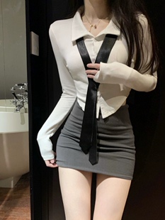 jk制服灰色半身裙女春秋纯欲紧身性感辣妹一步裙套装高腰包臀短裙