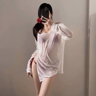 纯欲风性感睡衣女男友风白色透视上衣网纱罩衫睡裙俏趣内衣qqny