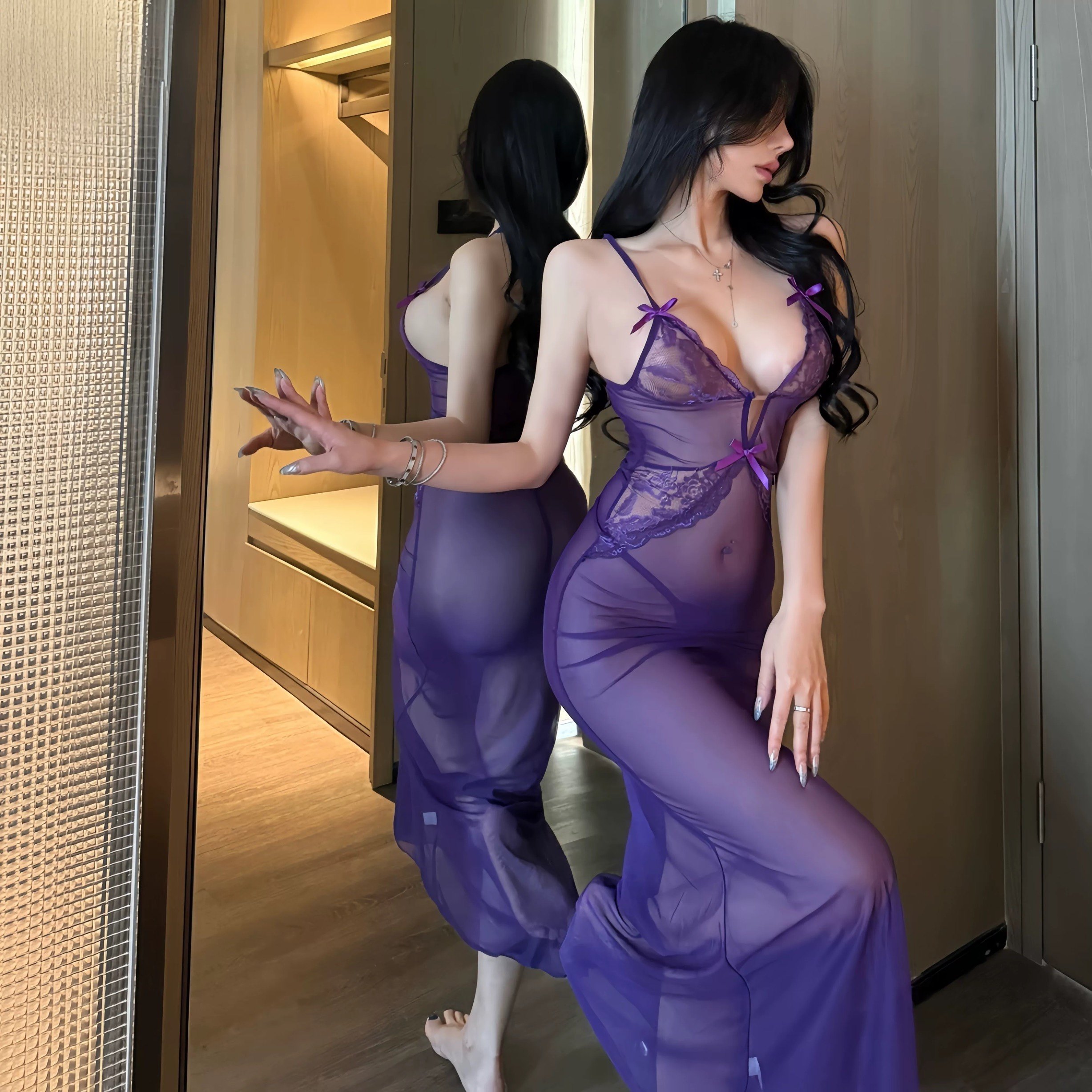 御姐紫色性感睡衣女网纱透视长裙深V诱惑吊带睡裙纯欲大尺度qqny,女士内衣/男士内衣/家居服,睡裙,淘宝优惠券,粉丝福利购,淘宝优惠卷