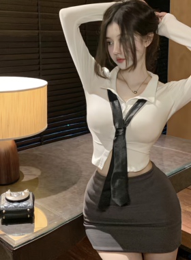 御姐修身短款白色衬衫女长袖热辣上衣秘书ol制服套装半身包臀裙