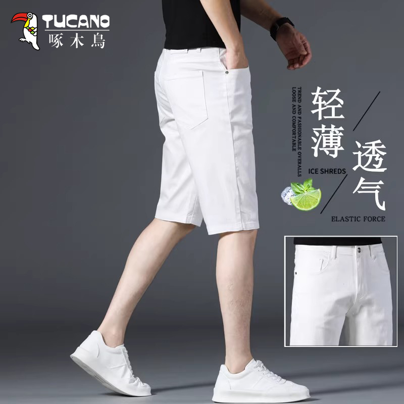 啄木鸟高端白色五分牛仔短裤男2025款潮牌夏季薄款男士休闲弹力