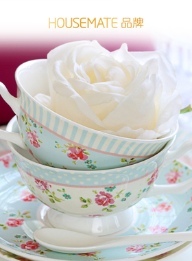 HOUSEMATE田园玫瑰咖啡杯碟套装中式下午茶陶瓷情侣杯带碟带勺子
