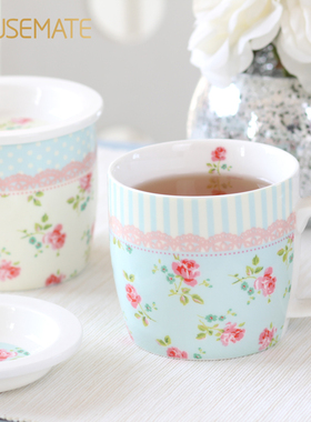 情侣杯子花卉图案田园玫瑰带盖茶杯陶瓷马克杯带刻度牛奶杯