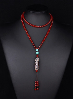 琦毅秋冬新款民族风红玛瑙毛衣链天珠吊坠串珠项链棉衣挂件衣饰