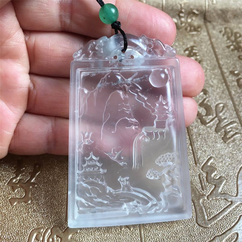 天然水沫玉山水牌子吊坠